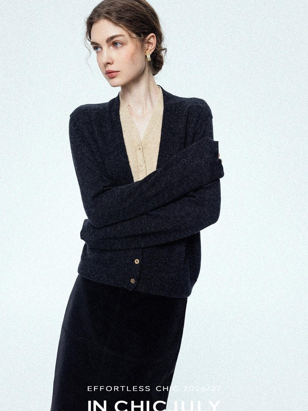 chicjuly Minimalist Colorblock Faux Two Piece V-neck Buttoned Women's Wool Knit Cardigans
