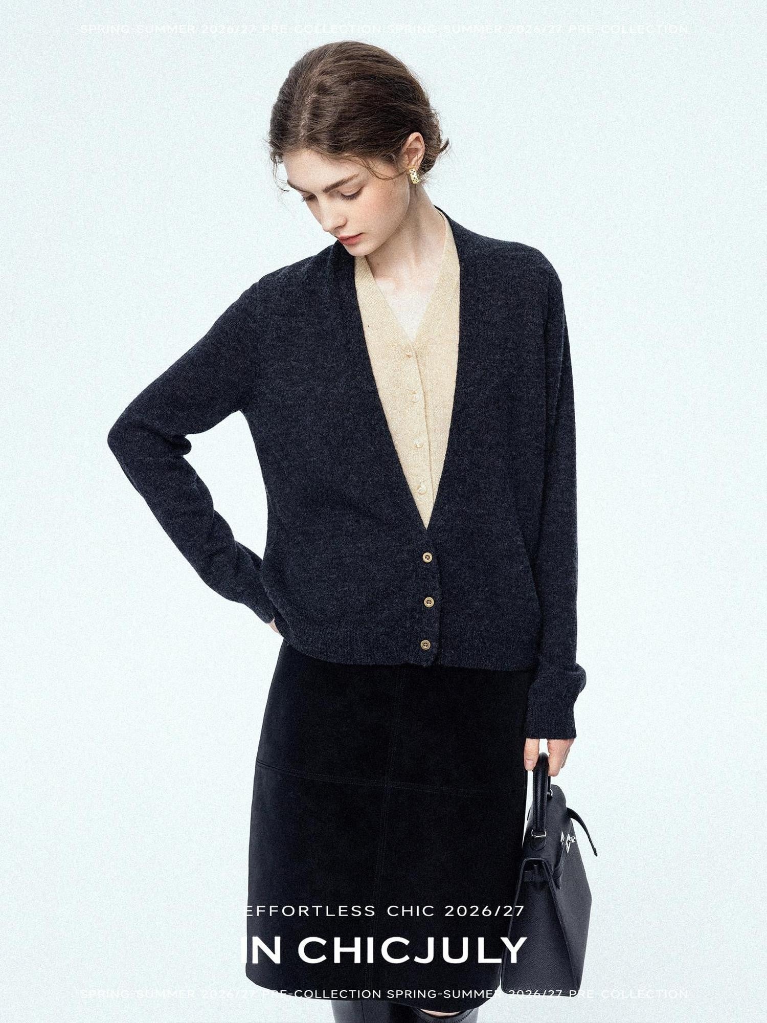 chicjuly Minimalist Colorblock Faux Two Piece V-neck Buttoned Women's Wool Knit Cardigans