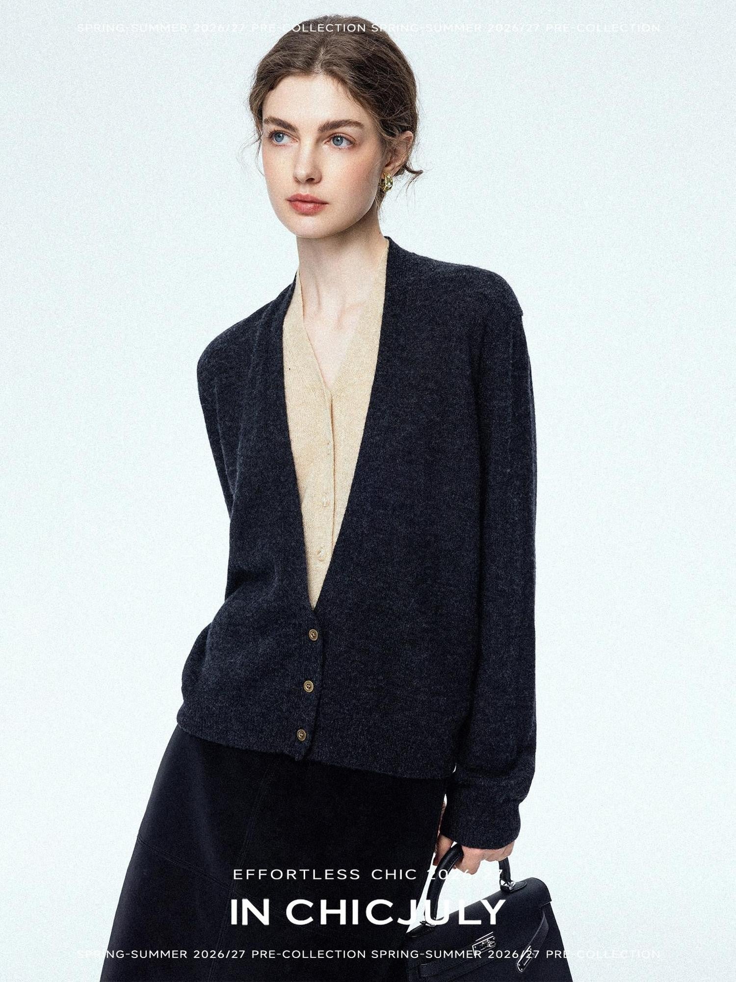 chicjuly Minimalist Colorblock Faux Two Piece V-neck Buttoned Women's Wool Knit Cardigans