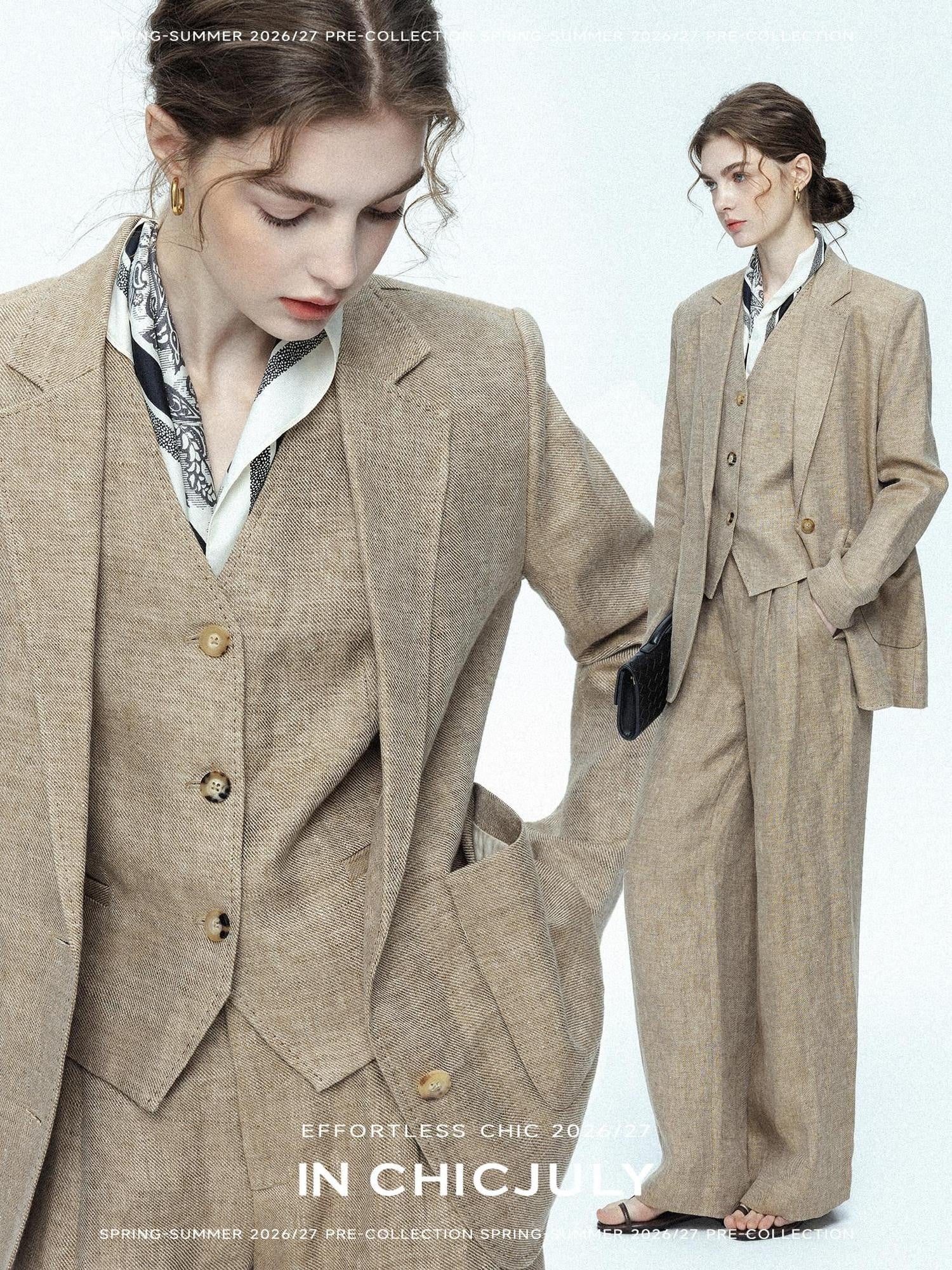 chicjuly Minimalist Old Money Three Piece Women's Linen Breathable Loose Pant Suits