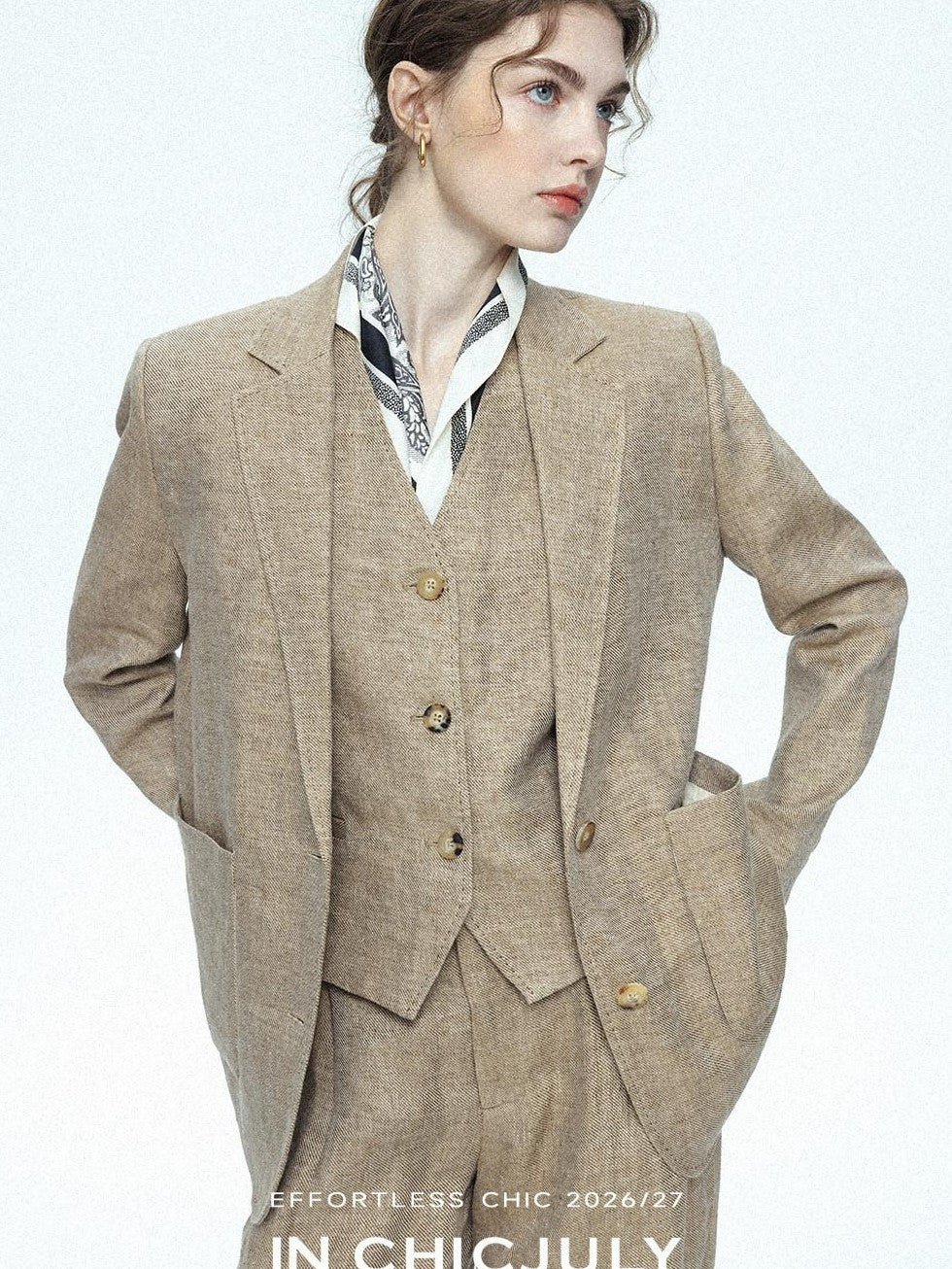 chicjuly Minimalist Old Money Three Piece Women's Linen Breathable Loose Pant Suits