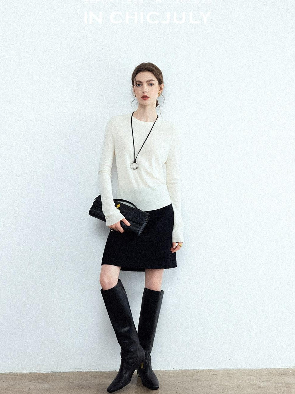 chicjuly Minimalist Saddle Shoulder Crew Neck Knit Women's Wool Long Sleeve T-shirts