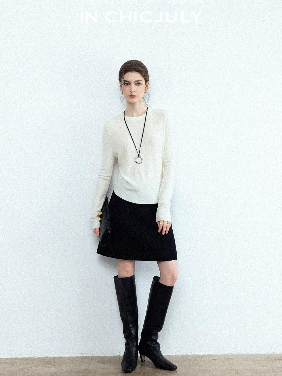 chicjuly Minimalist Saddle Shoulder Crew Neck Knit Women's Wool Long Sleeve T-shirts