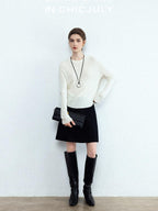 chicjuly Minimalist Saddle Shoulder Crew Neck Knit Women's Wool Long Sleeve T-shirts