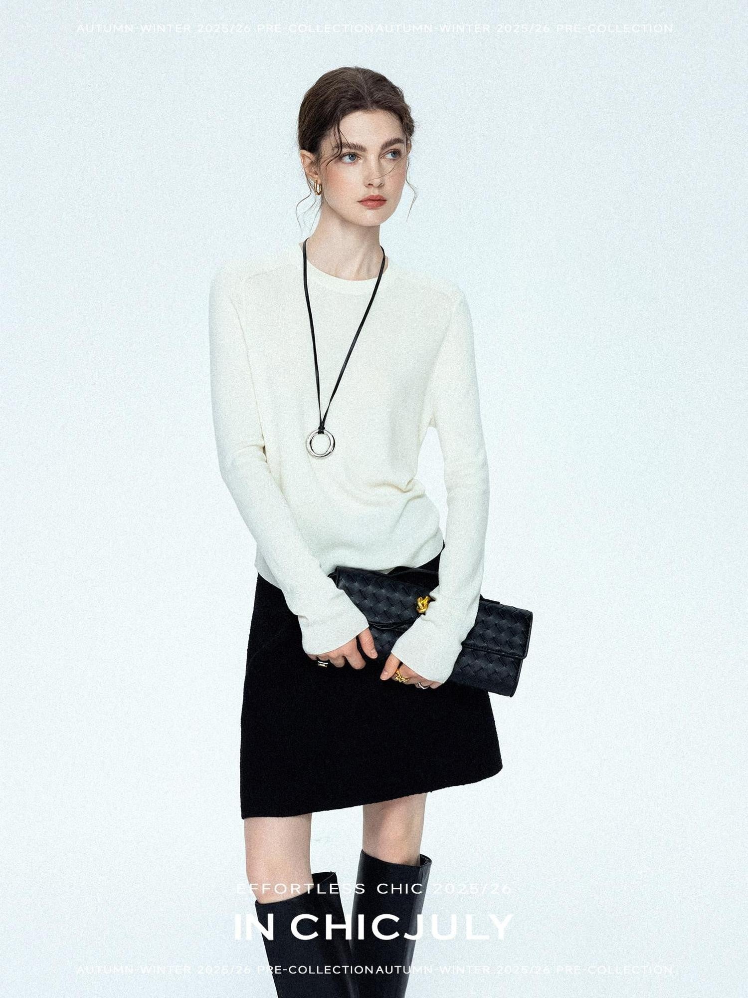 chicjuly Minimalist Saddle Shoulder Crew Neck Knit Women's Wool Long Sleeve T-shirts