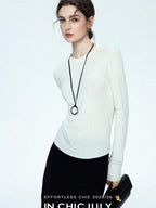 chicjuly Minimalist Saddle Shoulder Crew Neck Knit Women's Wool Long Sleeve T-shirts