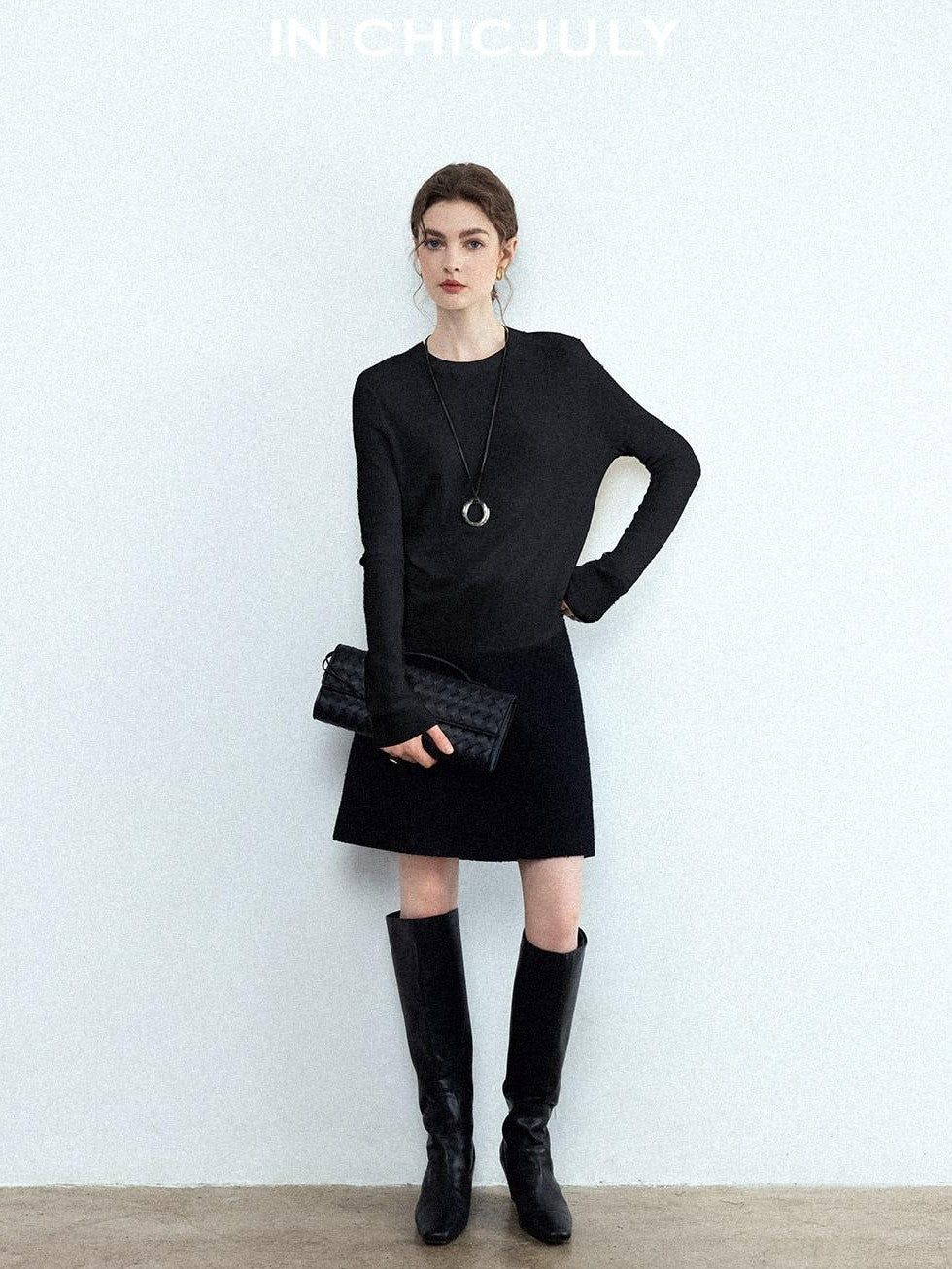 chicjuly Minimalist Saddle Shoulder Crew Neck Knit Women's Wool Long Sleeve T-shirts