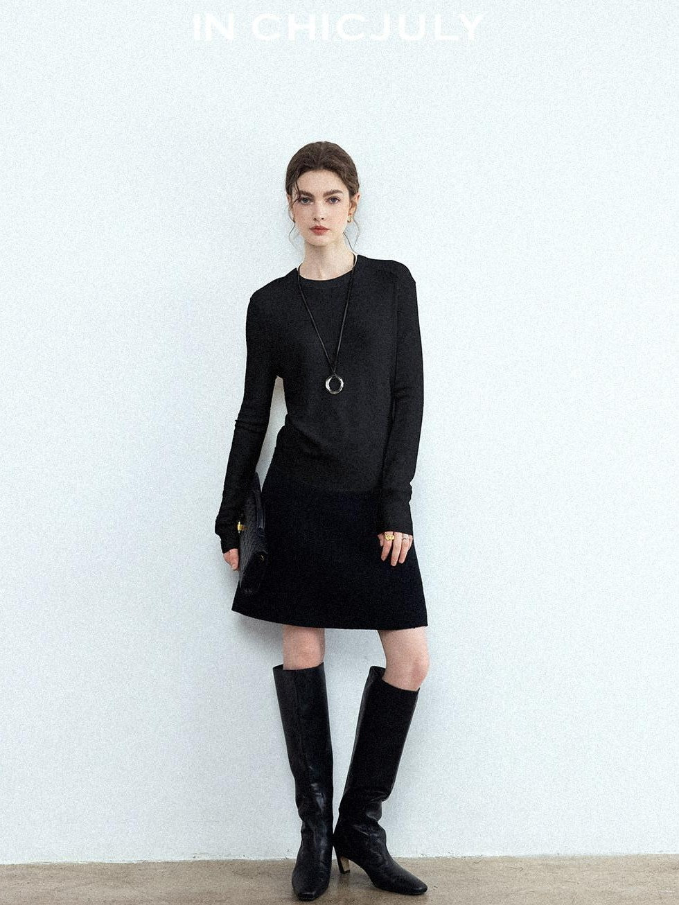 chicjuly Minimalist Saddle Shoulder Crew Neck Knit Women's Wool Long Sleeve T-shirts