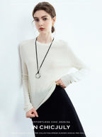 chicjuly Minimalist Saddle Shoulder Crew Neck Knit Women's Wool Long Sleeve T-shirts