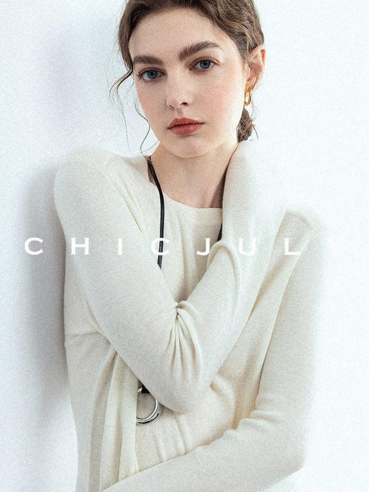 chicjuly Minimalist Saddle Shoulder Crew Neck Knit Women's Wool Long Sleeve T-shirts