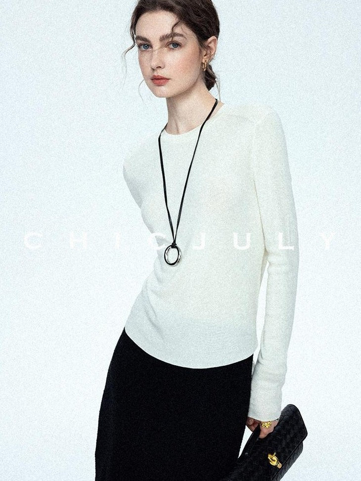 chicjuly Minimalist Saddle Shoulder Crew Neck Knit Women's Wool Long Sleeve T-shirts