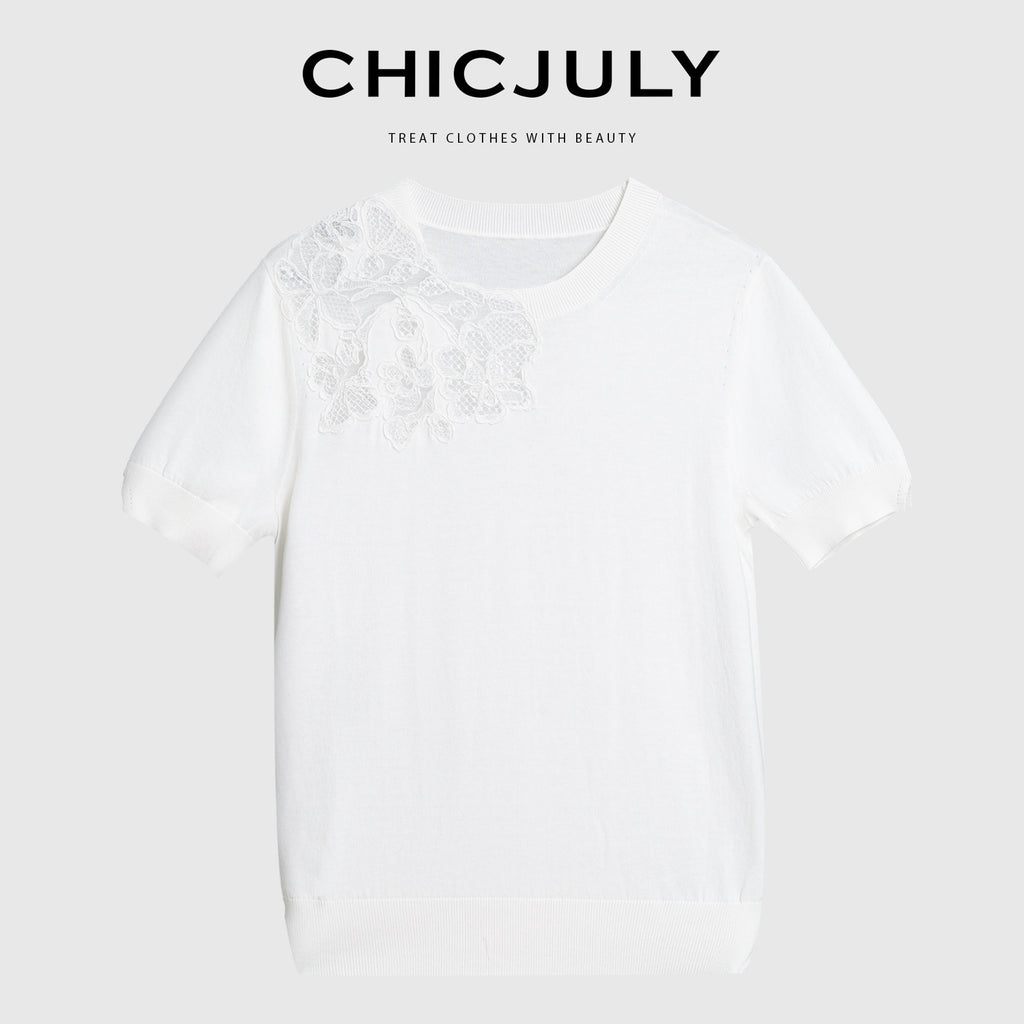 chicjuly Minimalist Soluble Lace Heavy Embroidery Women's Cotton Short Sleeve T-shirts 934232913944