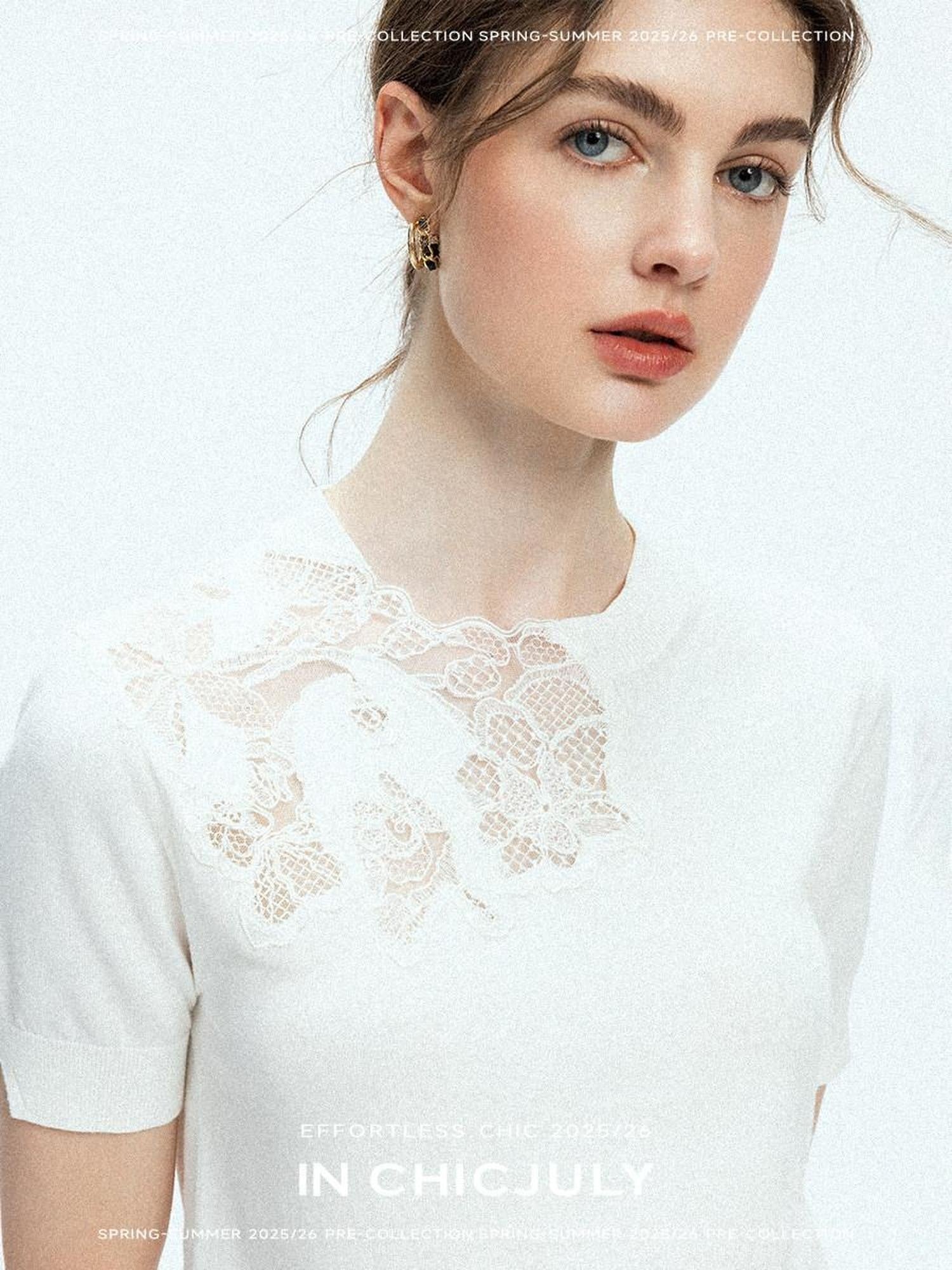 chicjuly Minimalist Soluble Lace Heavy Embroidery Women's Cotton Short Sleeve T-shirts