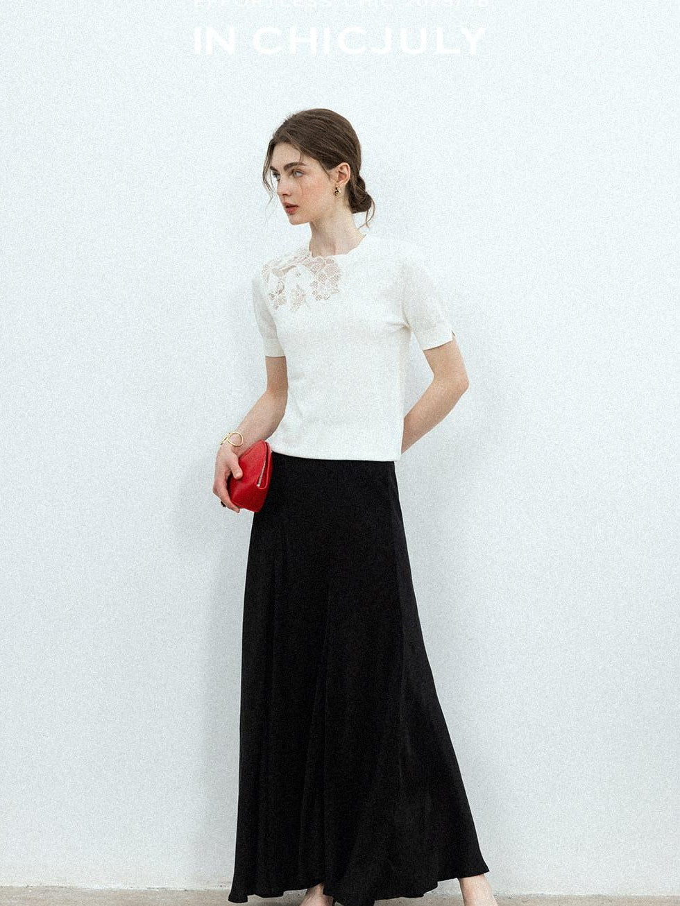 chicjuly Minimalist Soluble Lace Heavy Embroidery Women's Cotton Short Sleeve T-shirts