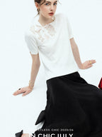 chicjuly Minimalist Soluble Lace Heavy Embroidery Women's Cotton Short Sleeve T-shirts