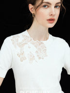 chicjuly Minimalist Soluble Lace Heavy Embroidery Women's Cotton Short Sleeve T-shirts