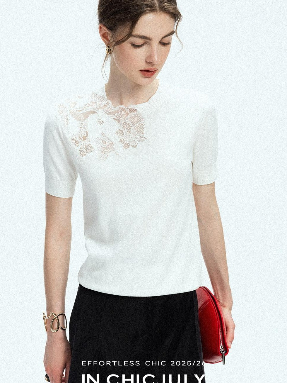 chicjuly Minimalist Soluble Lace Heavy Embroidery Women's Cotton Short Sleeve T-shirts