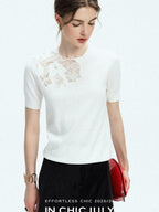 chicjuly Minimalist Soluble Lace Heavy Embroidery Women's Cotton Short Sleeve T-shirts