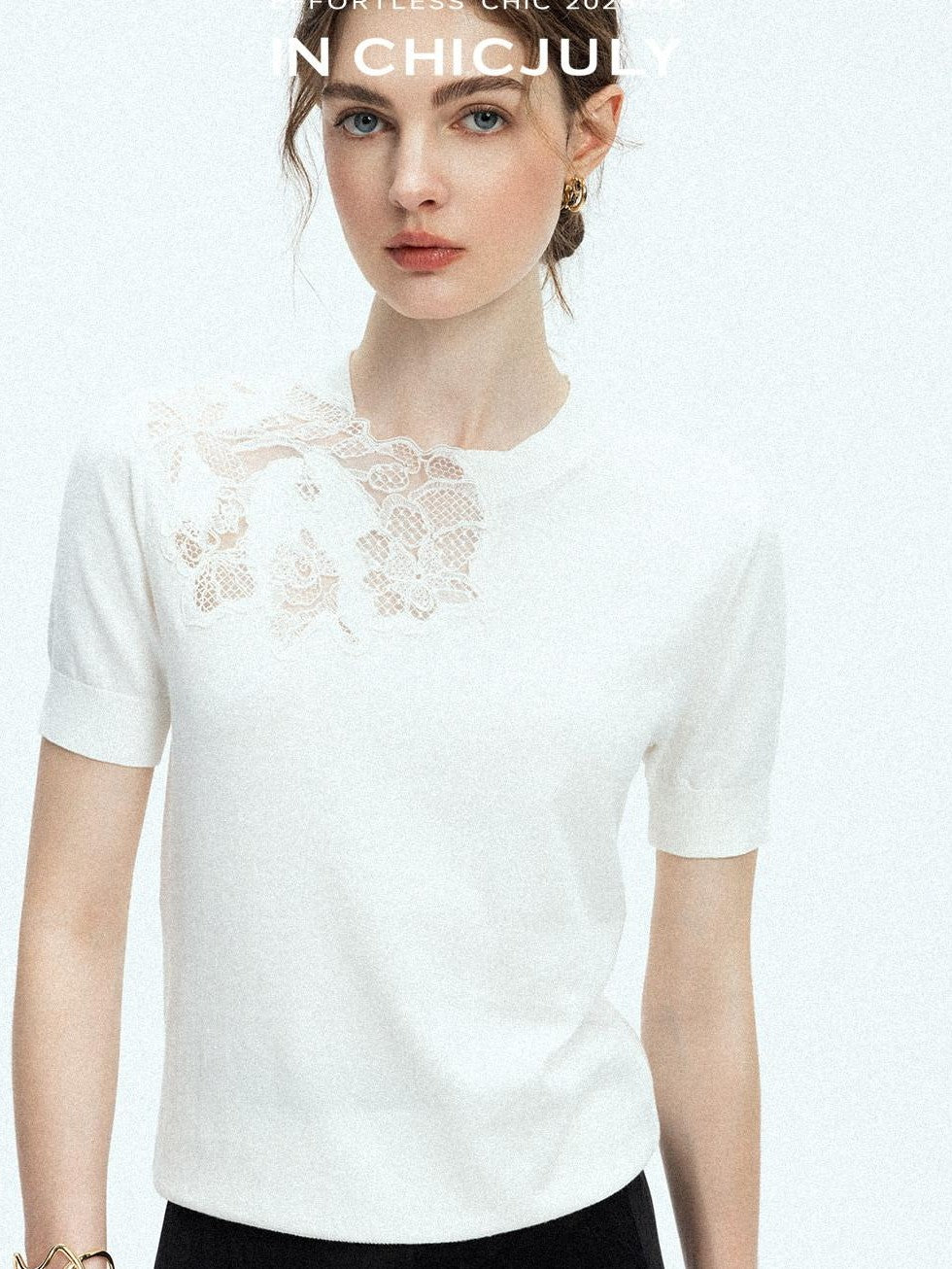 chicjuly Minimalist Soluble Lace Heavy Embroidery Women's Cotton Short Sleeve T-shirts