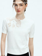 chicjuly Minimalist Soluble Lace Heavy Embroidery Women's Cotton Short Sleeve T-shirts