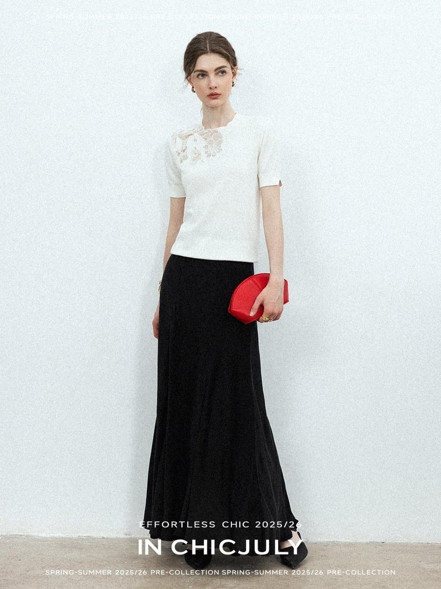 chicjuly Minimalist Soluble Lace Heavy Embroidery Women's Cotton Short Sleeve T-shirts