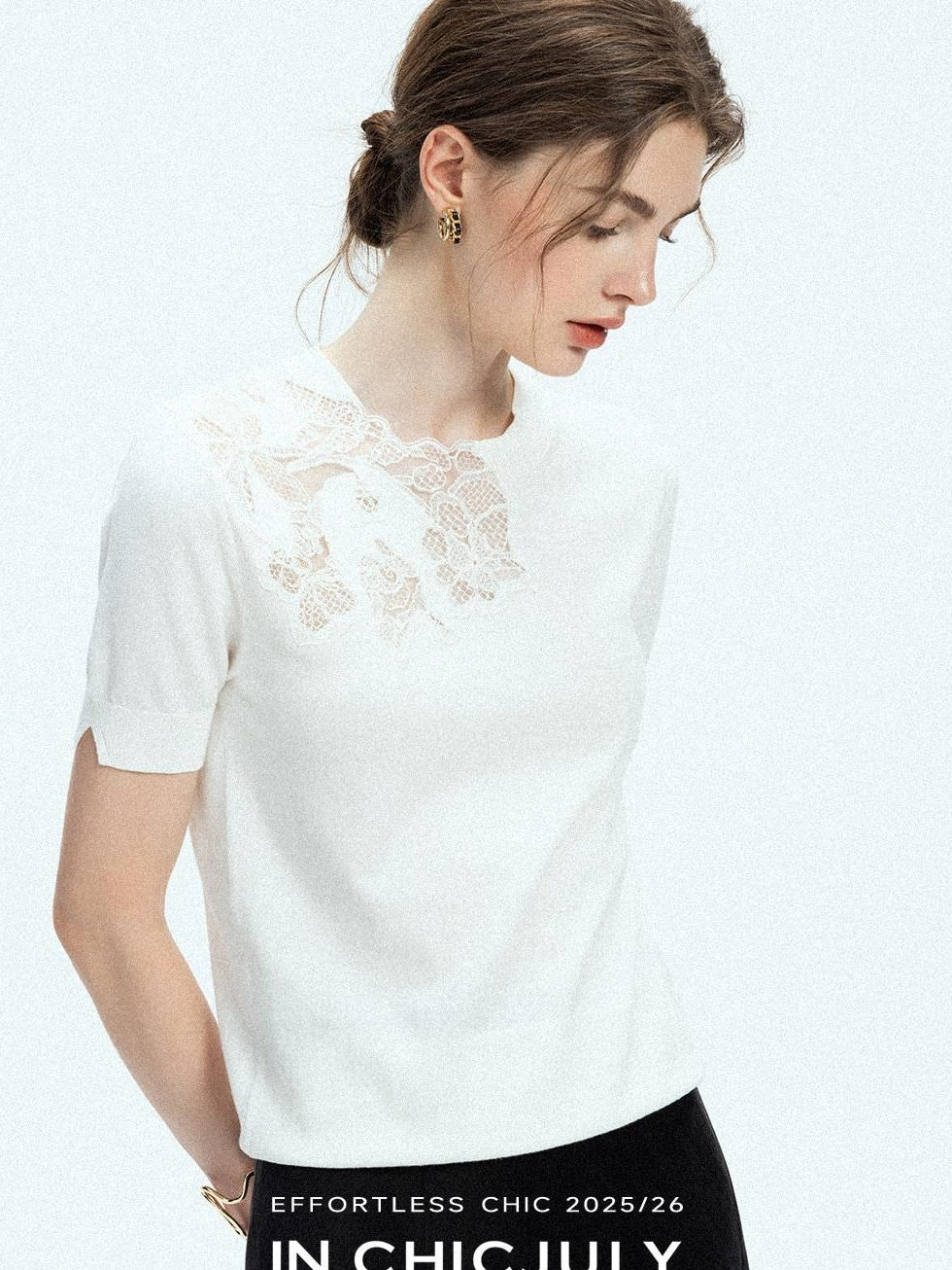 chicjuly Minimalist Soluble Lace Heavy Embroidery Women's Cotton Short Sleeve T-shirts