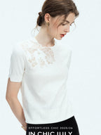 chicjuly Minimalist Soluble Lace Heavy Embroidery Women's Cotton Short Sleeve T-shirts