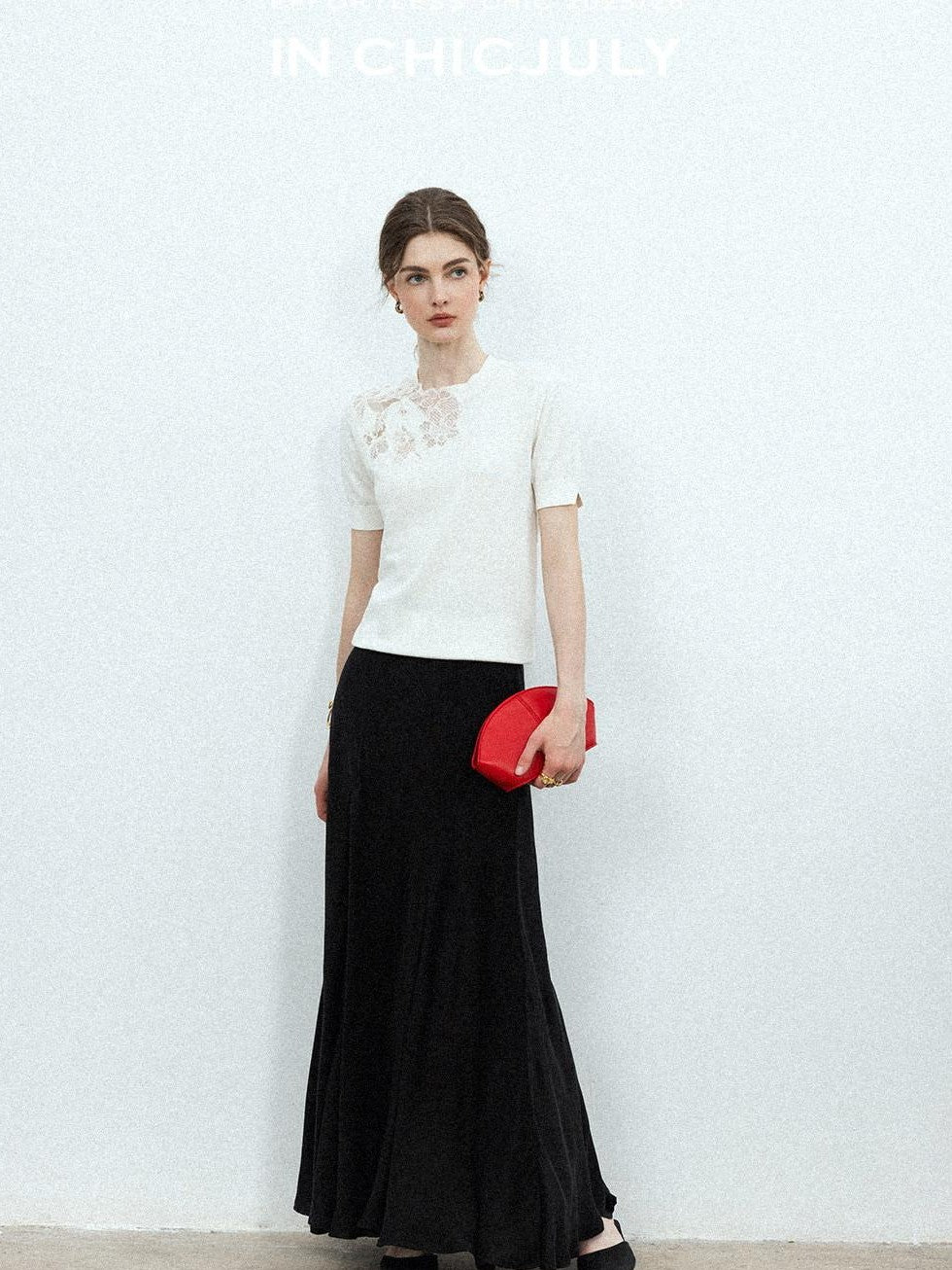 chicjuly Minimalist Soluble Lace Heavy Embroidery Women's Cotton Short Sleeve T-shirts