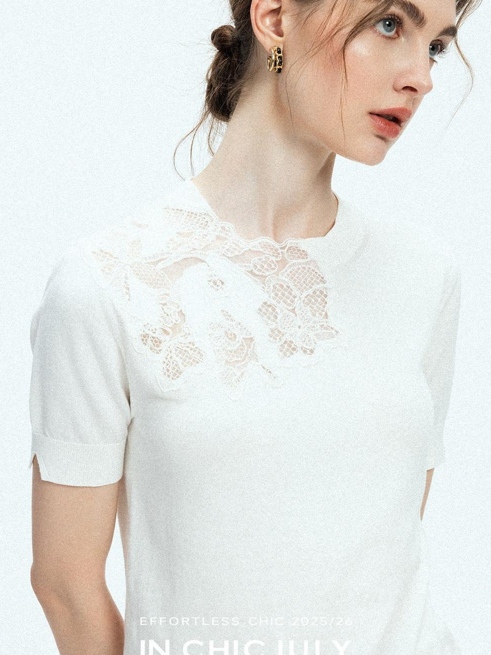 chicjuly Minimalist Soluble Lace Heavy Embroidery Women's Cotton Short Sleeve T-shirts