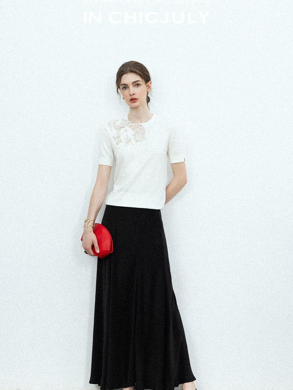 chicjuly Minimalist Soluble Lace Heavy Embroidery Women's Cotton Short Sleeve T-shirts
