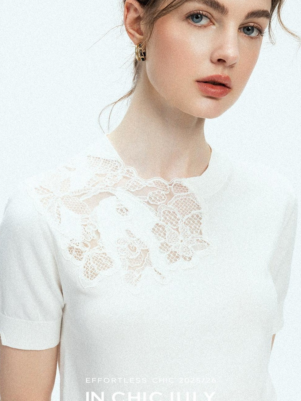 chicjuly Minimalist Soluble Lace Heavy Embroidery Women's Cotton Short Sleeve T-shirts