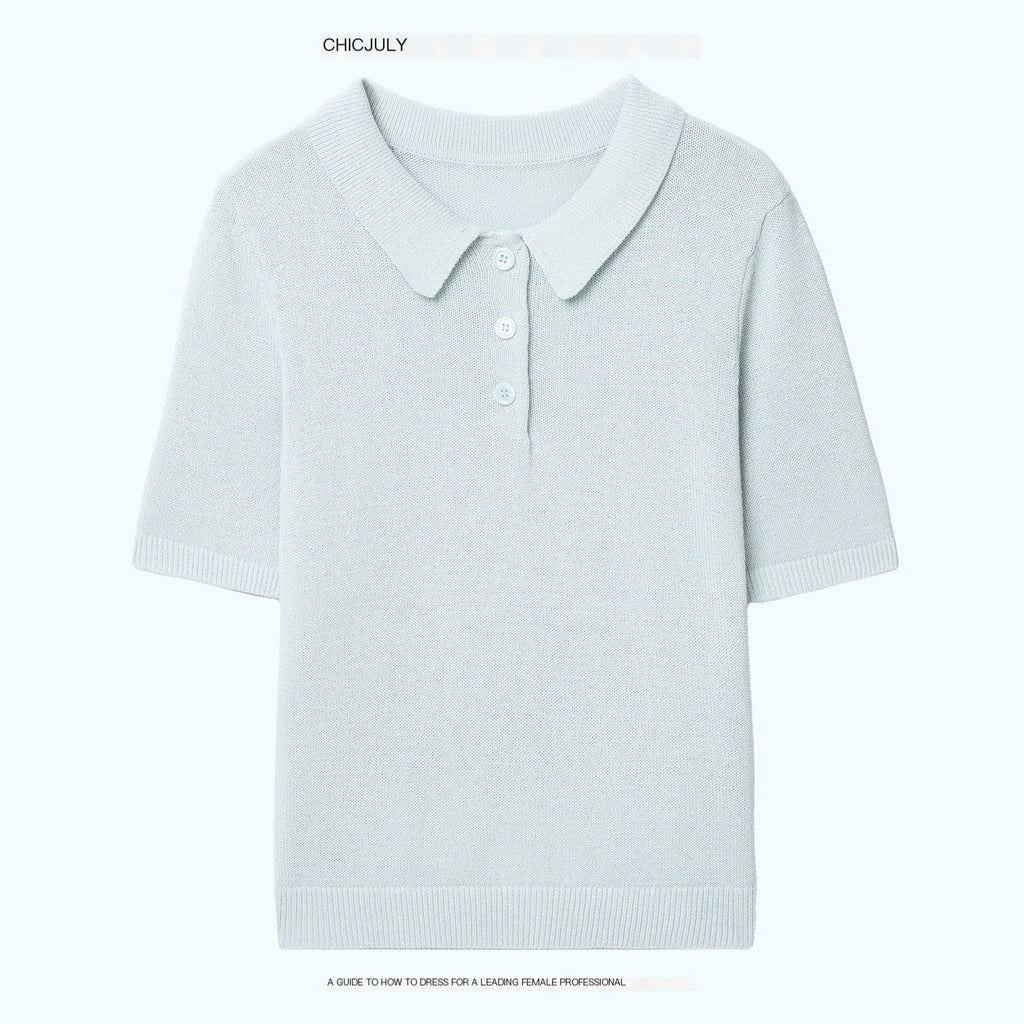 chicjuly Mist Blue Shimmer Polo Collar Knit Women's Breathable Short Sleeve T-shirts 1042071714318