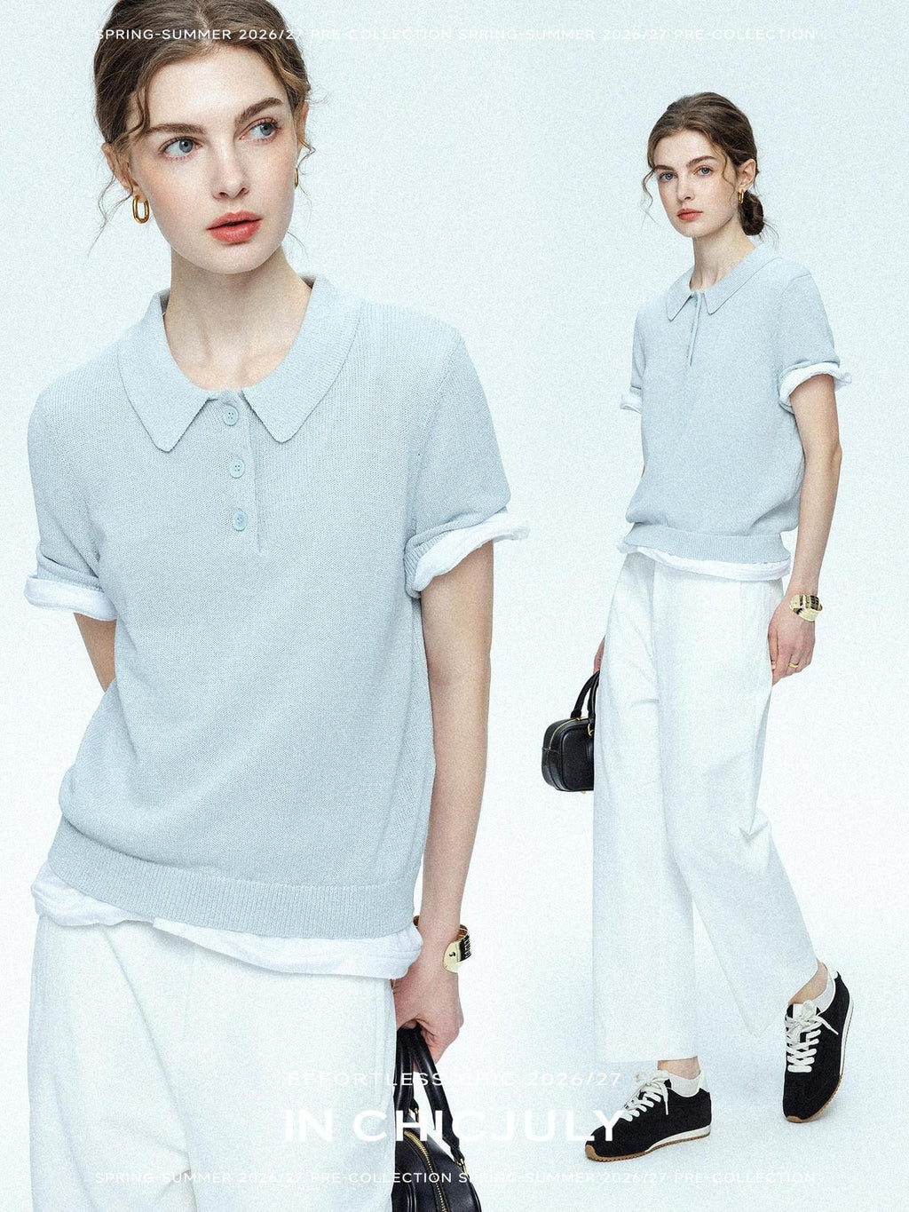 chicjuly Mist Blue Shimmer Polo Collar Knit Women's Breathable Short Sleeve T-shirts