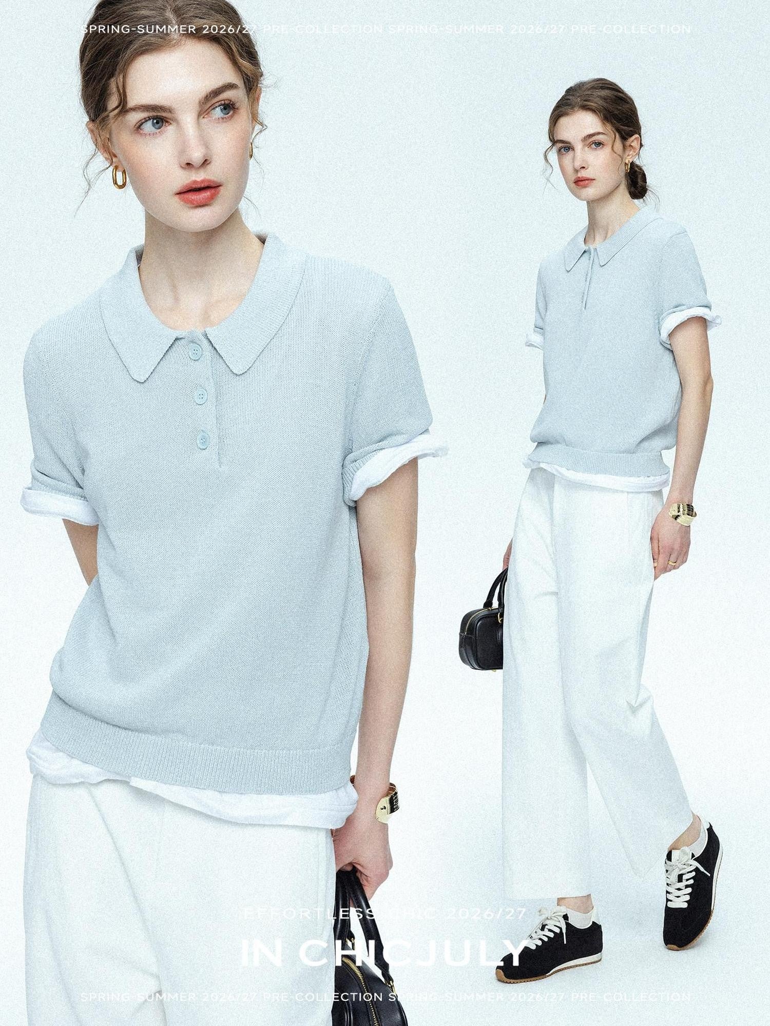chicjuly Mist Blue Shimmer Polo Collar Knit Women's Breathable Short Sleeve T-shirts