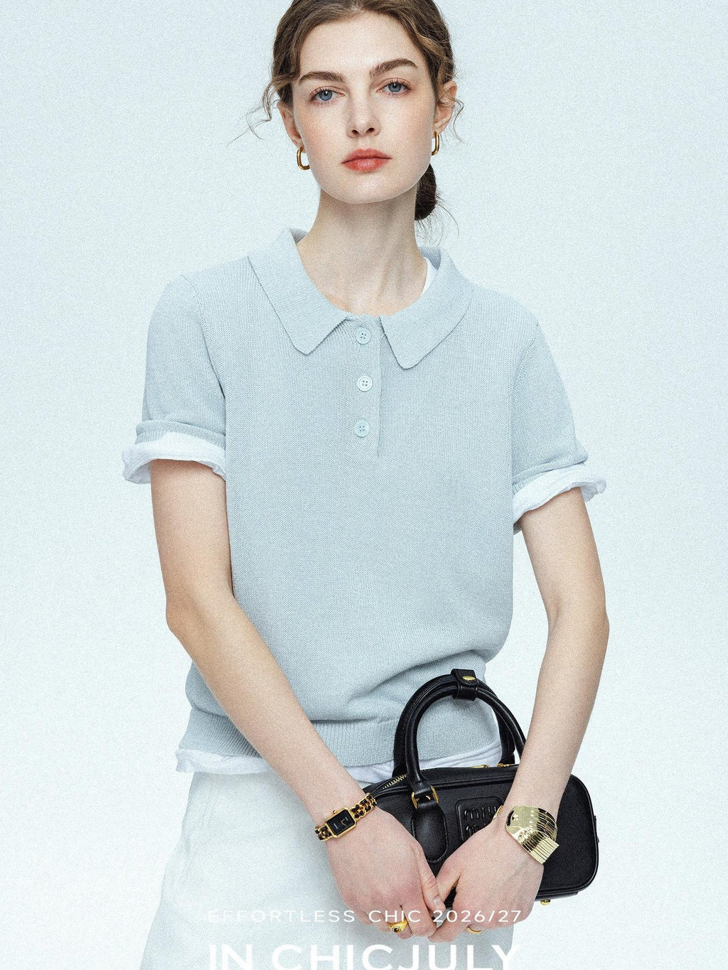 chicjuly Mist Blue Shimmer Polo Collar Knit Women's Breathable Short Sleeve T-shirts