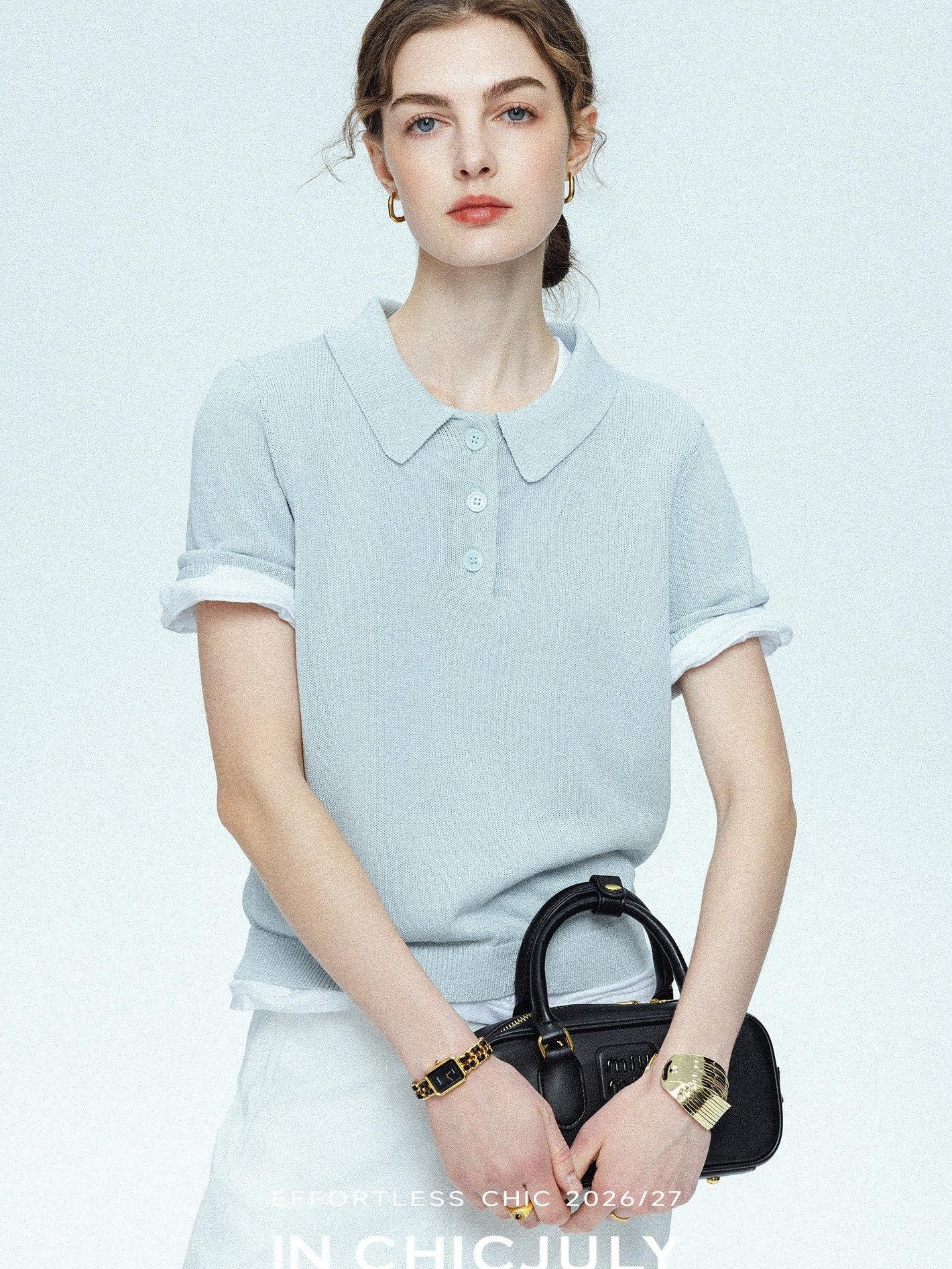 chicjuly Mist Blue Shimmer Polo Collar Knit Women's Breathable Short Sleeve T-shirts