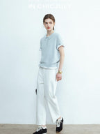 chicjuly Mist Blue Shimmer Polo Collar Knit Women's Breathable Short Sleeve T-shirts