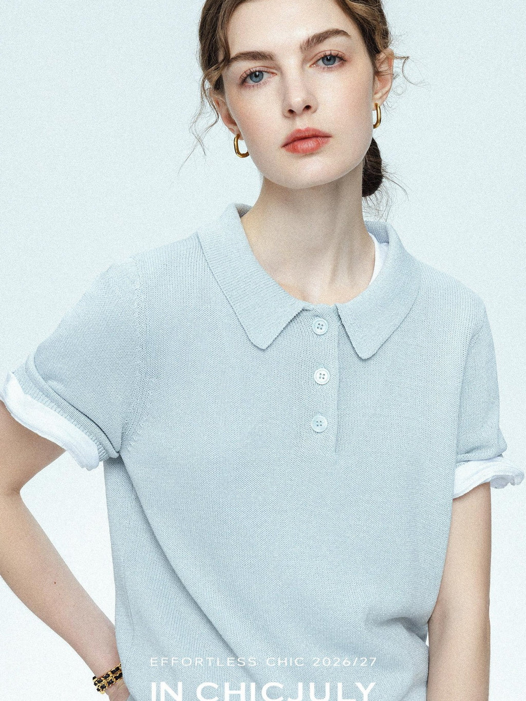 chicjuly Mist Blue Shimmer Polo Collar Knit Women's Breathable Short Sleeve T-shirts