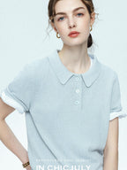 chicjuly Mist Blue Shimmer Polo Collar Knit Women's Breathable Short Sleeve T-shirts