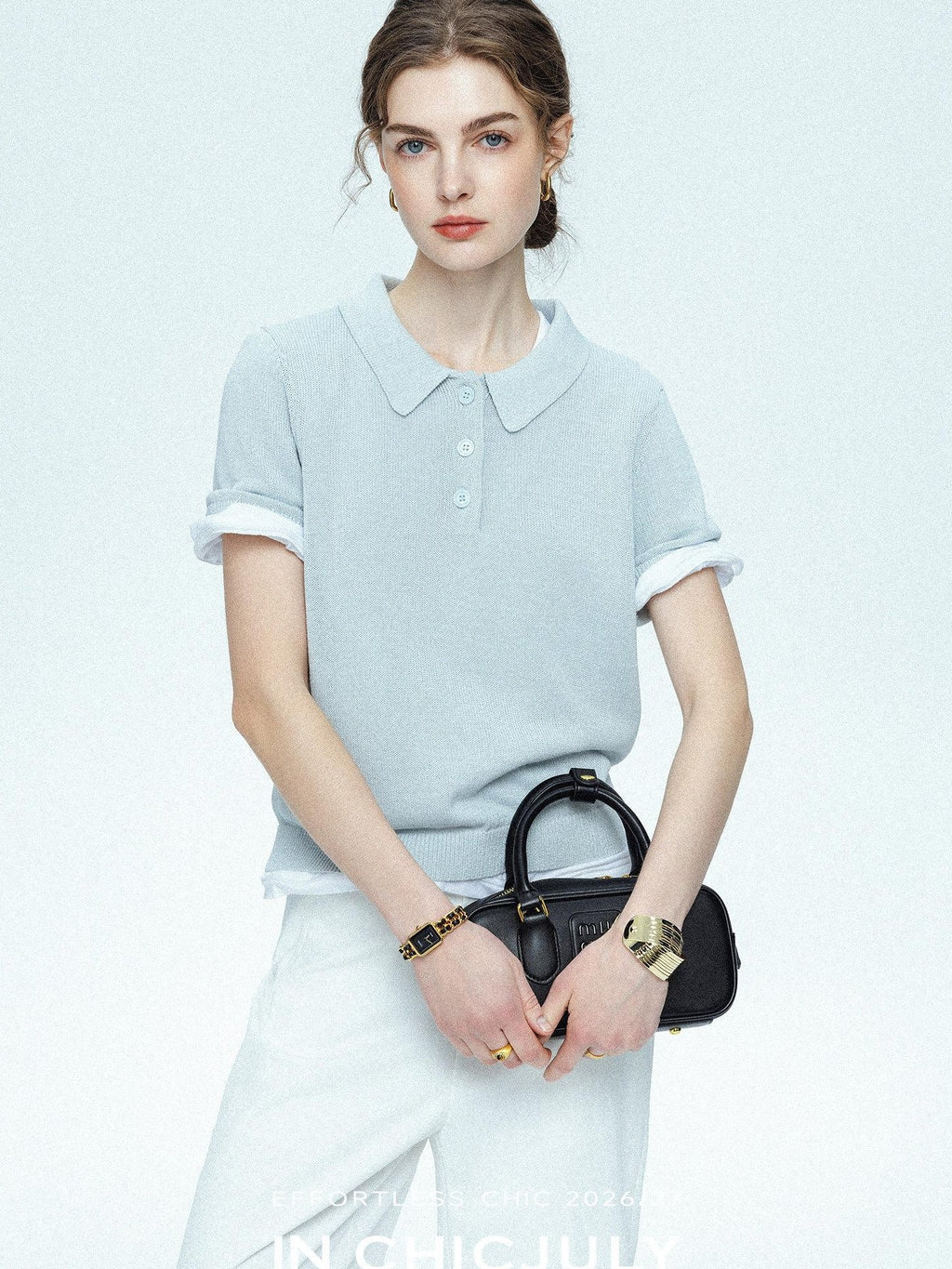 chicjuly Mist Blue Shimmer Polo Collar Knit Women's Breathable Short Sleeve T-shirts