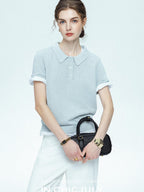 chicjuly Mist Blue Shimmer Polo Collar Knit Women's Breathable Short Sleeve T-shirts