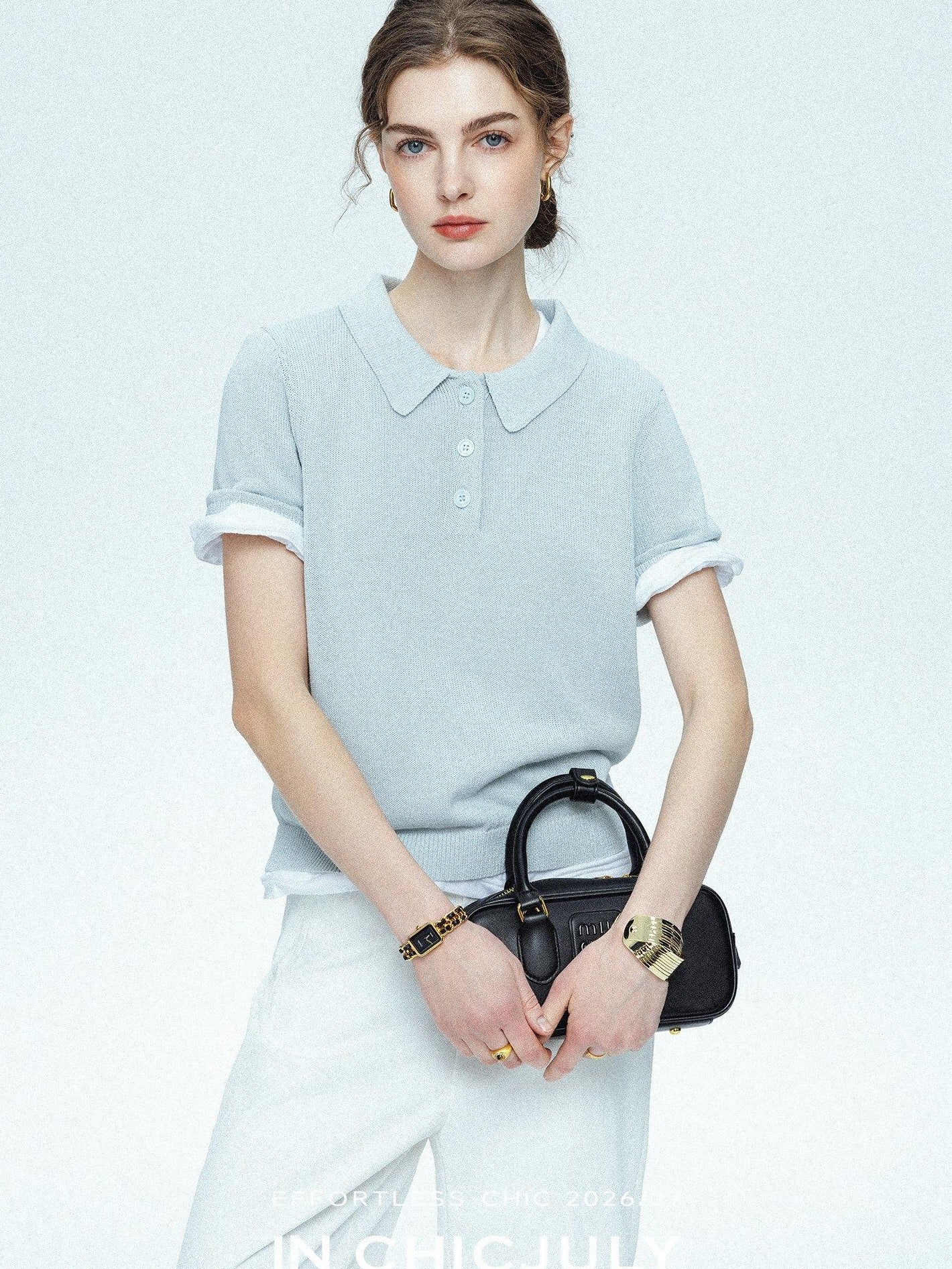 chicjuly Mist Blue Shimmer Polo Collar Knit Women's Breathable Short Sleeve T-shirts