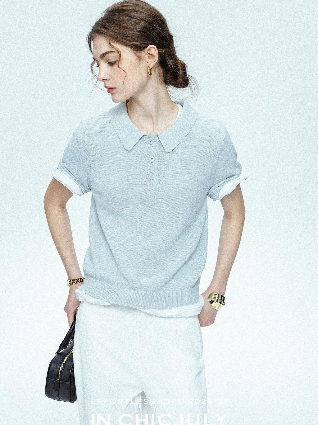chicjuly Mist Blue Shimmer Polo Collar Knit Women's Breathable Short Sleeve T-shirts