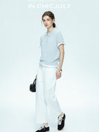 chicjuly Mist Blue Shimmer Polo Collar Knit Women's Breathable Short Sleeve T-shirts