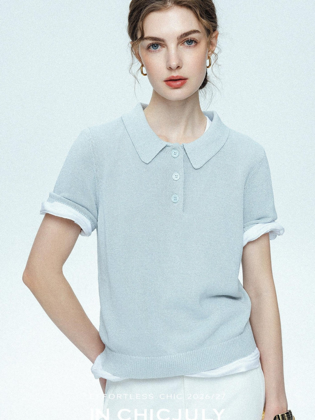 chicjuly Mist Blue Shimmer Polo Collar Knit Women's Breathable Short Sleeve T-shirts