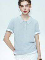 chicjuly Mist Blue Shimmer Polo Collar Knit Women's Breathable Short Sleeve T-shirts
