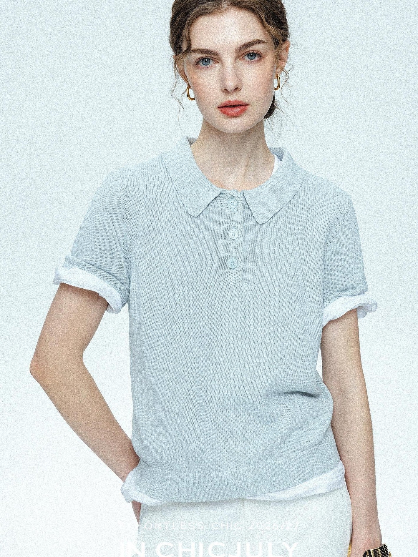 chicjuly Mist Blue Shimmer Polo Collar Knit Women's Breathable Short Sleeve T-shirts