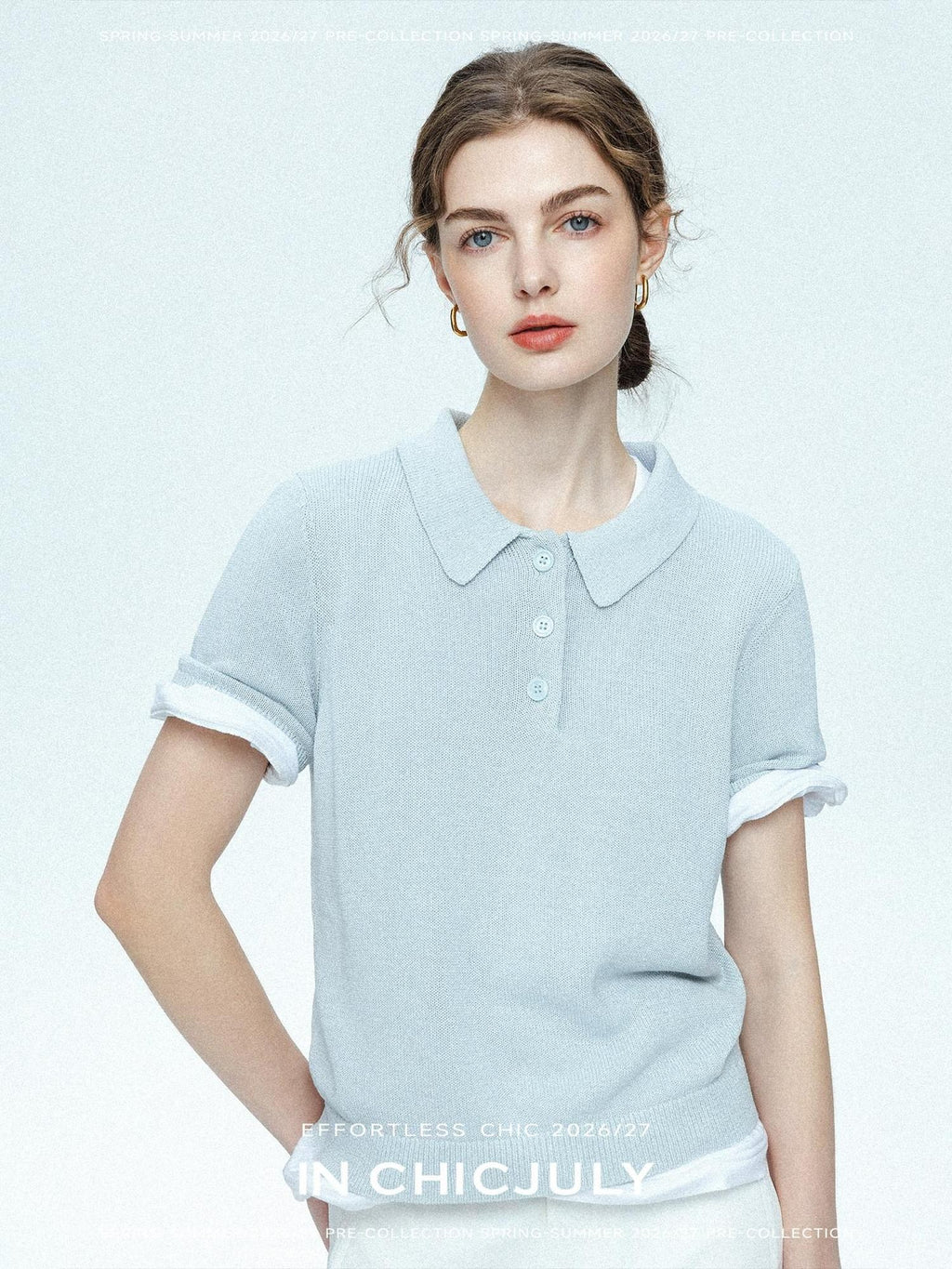 chicjuly Mist Blue Shimmer Polo Collar Knit Women's Breathable Short Sleeve T-shirts
