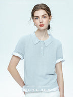 chicjuly Mist Blue Shimmer Polo Collar Knit Women's Breathable Short Sleeve T-shirts