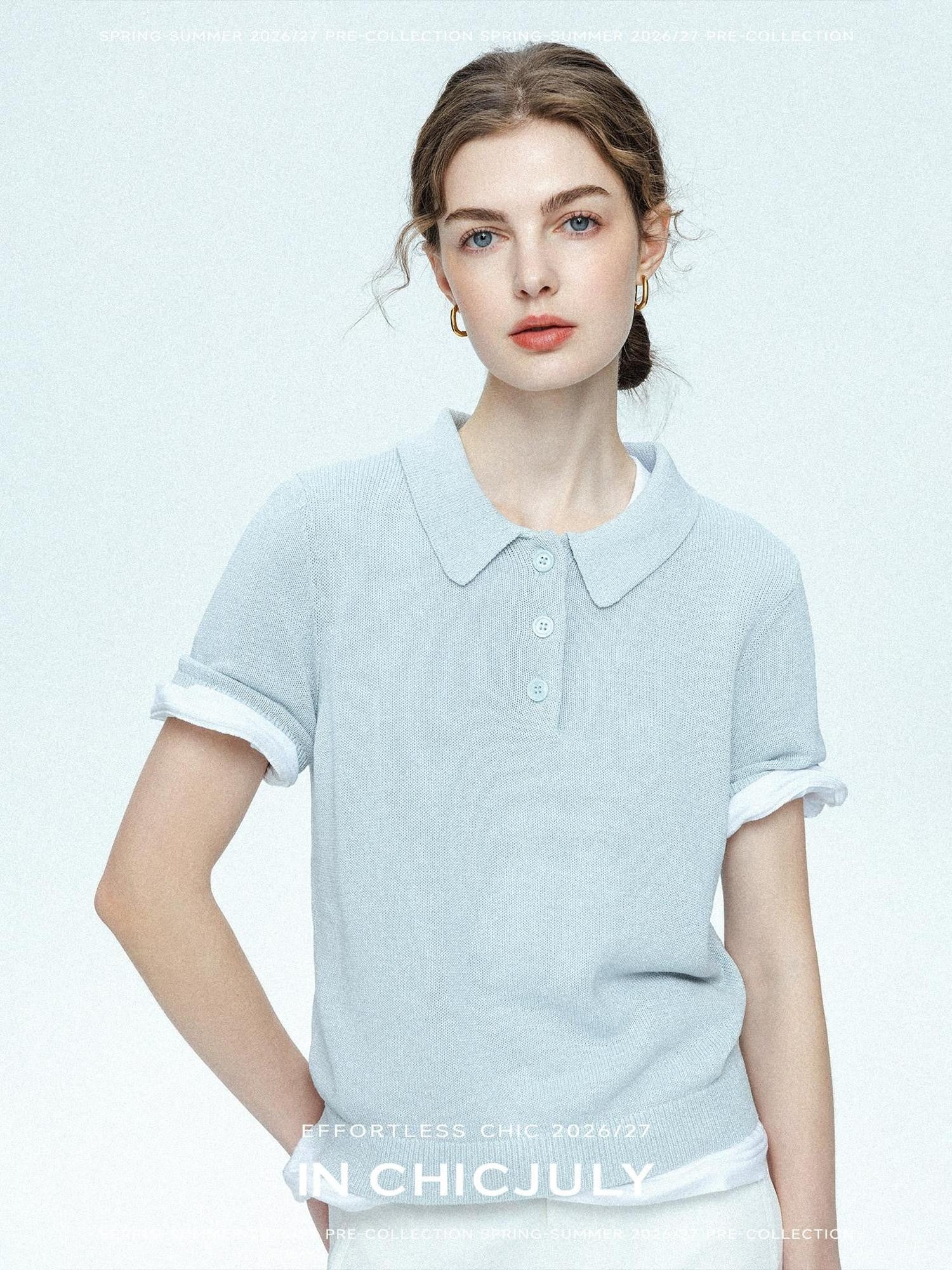 chicjuly Mist Blue Shimmer Polo Collar Knit Women's Breathable Short Sleeve T-shirts